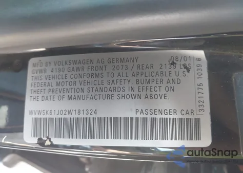 2002 Volkswagen Jetta Gls from USA, damaged, VIN WVWSK61J02W181324
